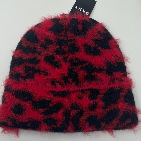 DKNY Womens Fuzzy Knit Scarf and Beanie Hat Set Red Black Animal Print - Picture 6 of 11